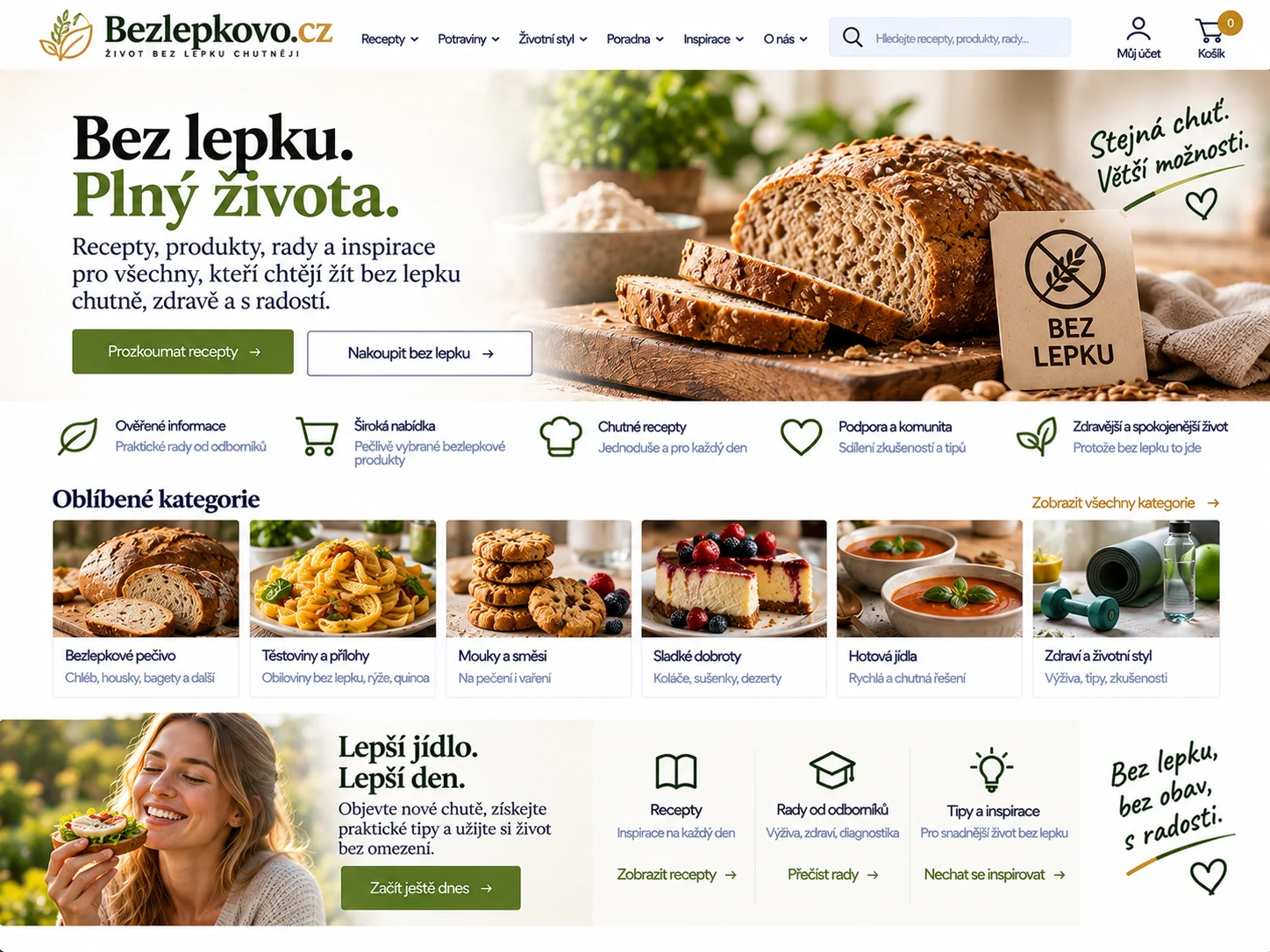 Ilustrační návrh pro Bezlepkovo.cz: vizuál portálu s bezlepkovými recepty a produkty